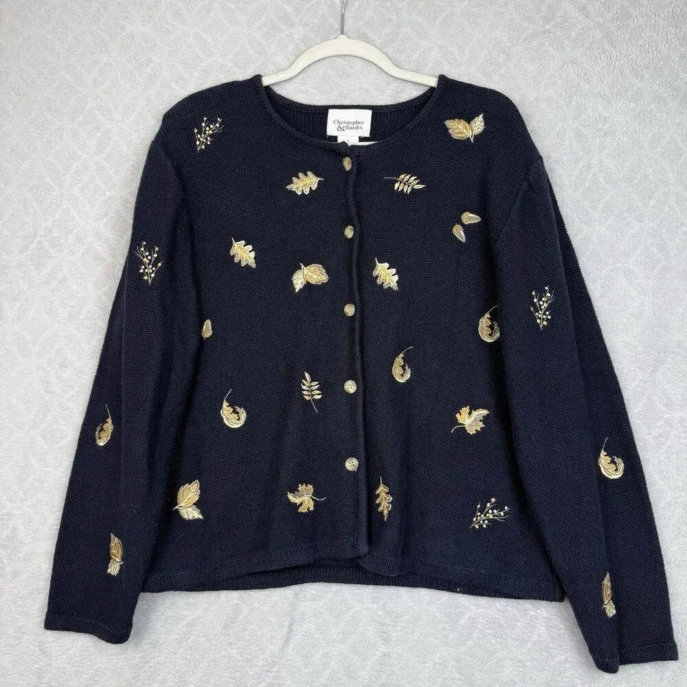 Vtg Fall Leaves Cardigan Sweater Large Knit Embroidered Autumn Cottage Grandma